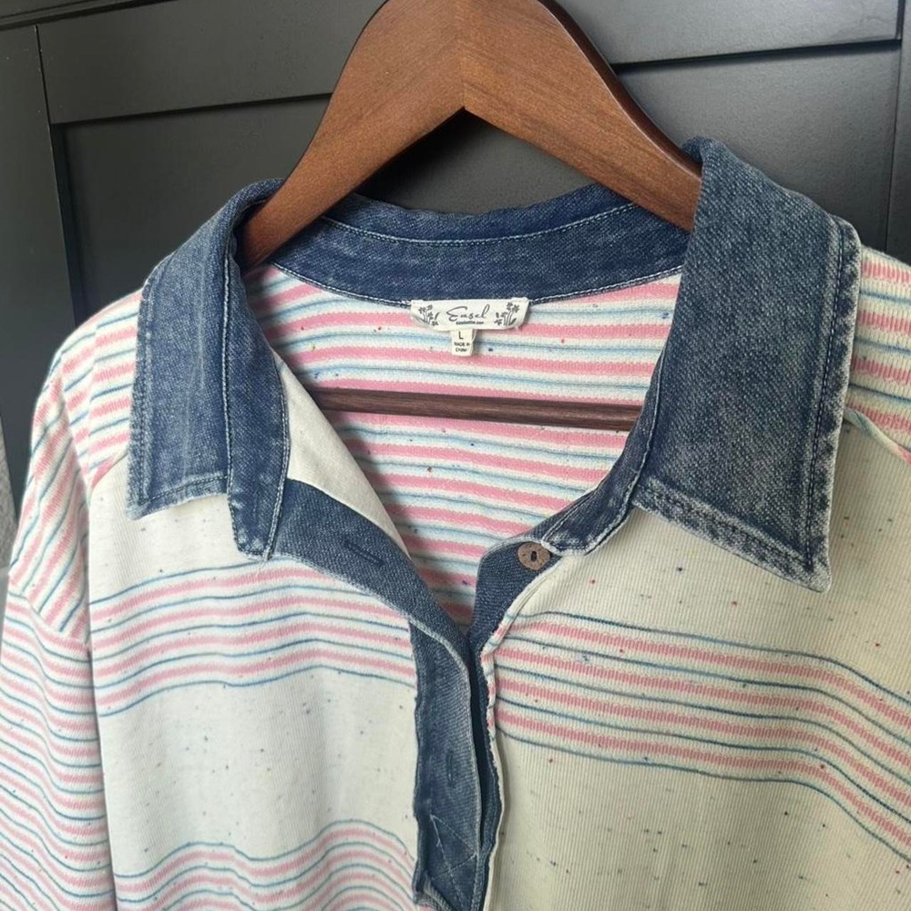 Easel Striped Confetti Slub Knit Denim Collar Oversized Polo Tee Shirt Large L - Picture 2 of 5